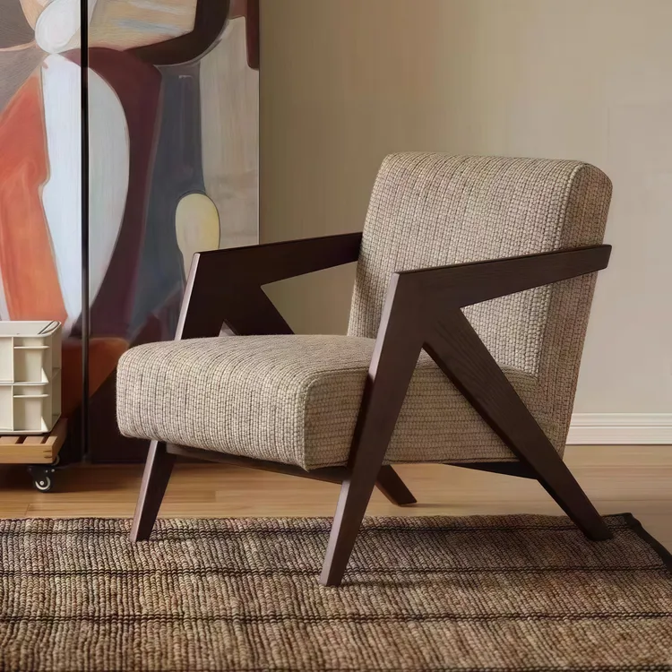 单椅中古风实木框架棉麻座面透气亲肤超百搭理查德复古沙发单人