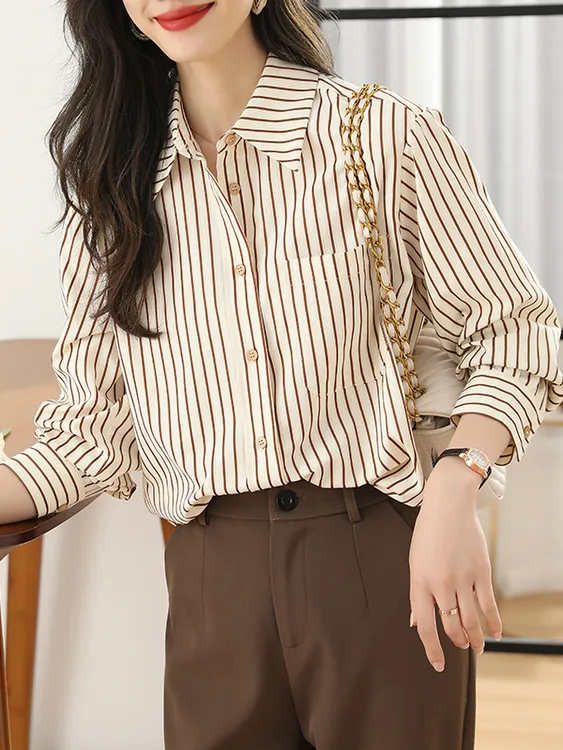早春新款宽松百搭通勤卡其条纹衬衫女长袖外套上衣
