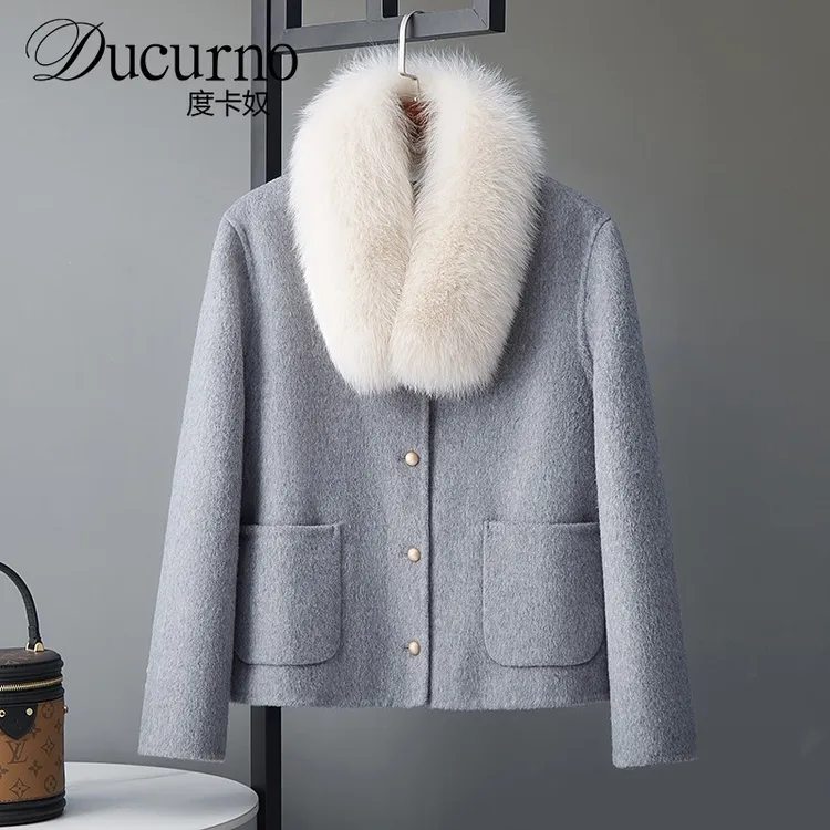 度卡奴灰色高级感双面呢大衣女短款2026年新款赫本小香风毛呢外套