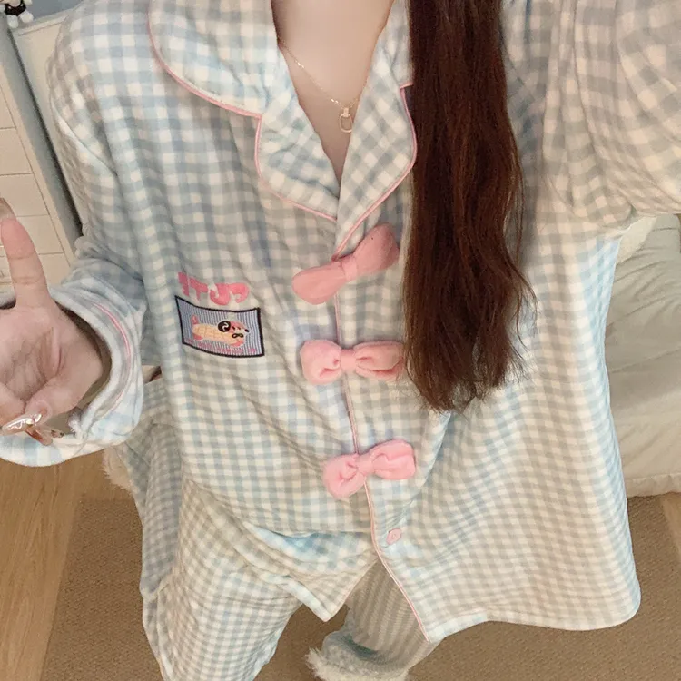 【加厚海岛绒】睡衣女秋冬季新款珊瑚绒韩系风蝴蝶结格子家居服套装