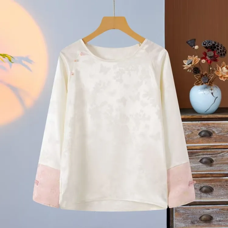 新中式国风女装 2025早春圆领百搭复古提花长袖衬衫钉珠气质衬衣