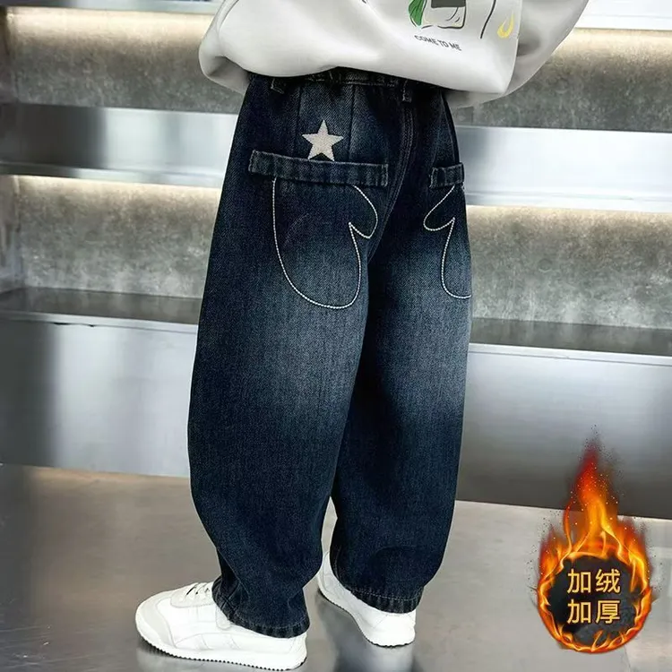 儿童男童加绒牛仔裤2025新款秋冬季加厚冬装长裤一体绒休闲裤男宝