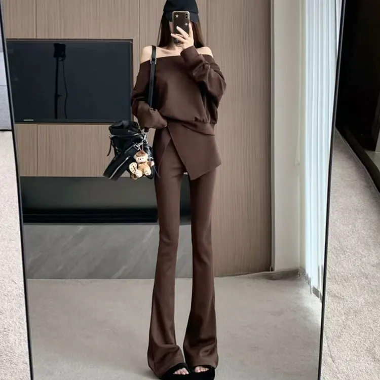 法式时尚休闲套装女秋季新款宽简约松慵懒一直肩+修身显瘦微喇裤