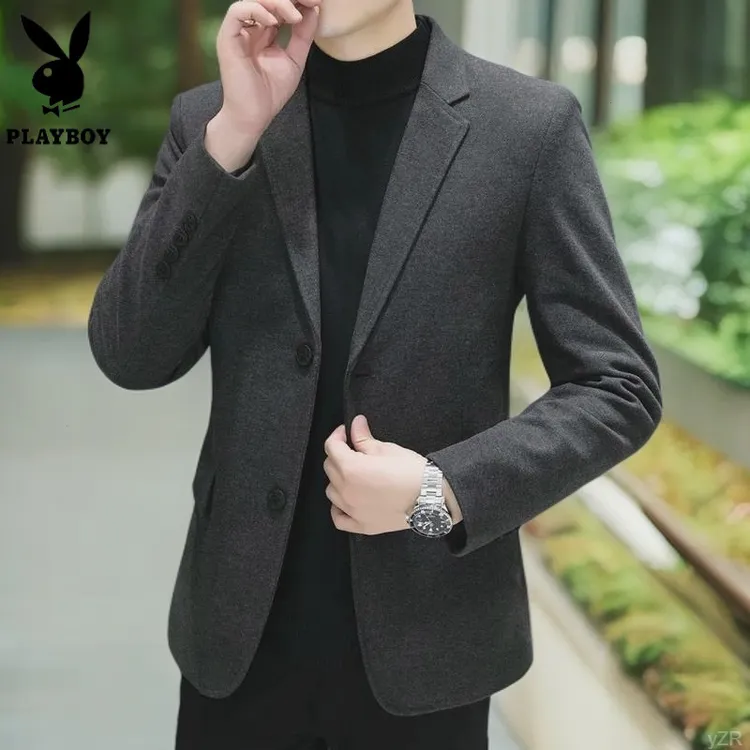 花花公子青年外套男灰色商务西服正装职业春秋季毛呢休闲西装男士