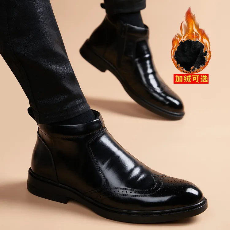 切尔西靴男布洛克秋冬加棉高帮皮鞋英伦靴子男士中帮内增高马丁靴