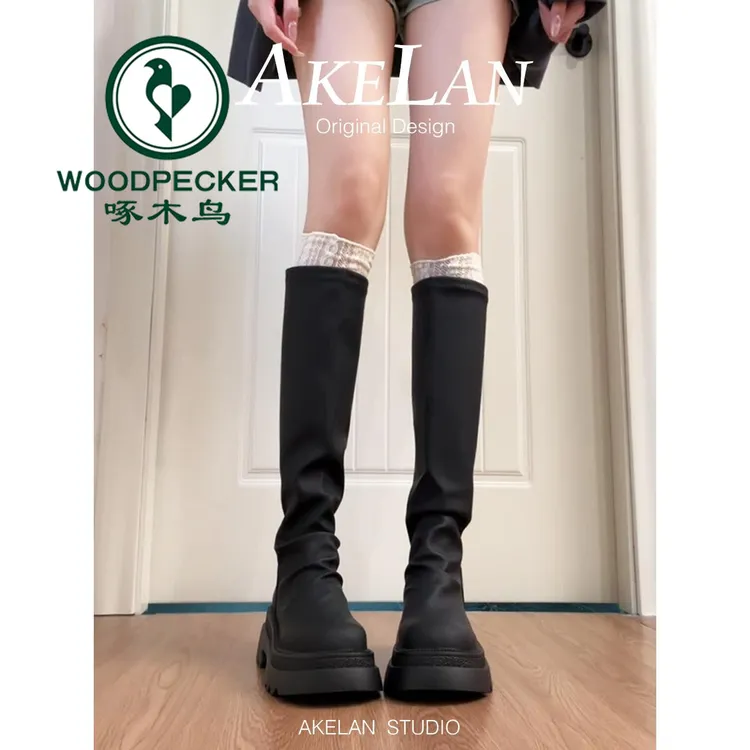啄木鸟2025新款长靴女厚底高筒显瘦秋冬中筒靴堆堆靴小个子瘦瘦靴