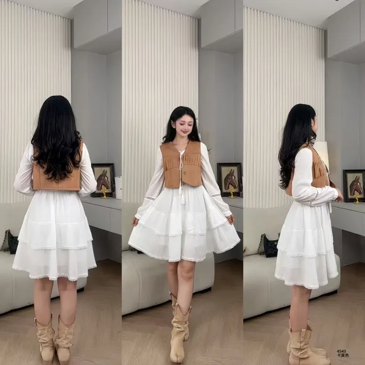 Saeda品牌女装苏流马甲 白色层叠裙温柔两件套YF4549