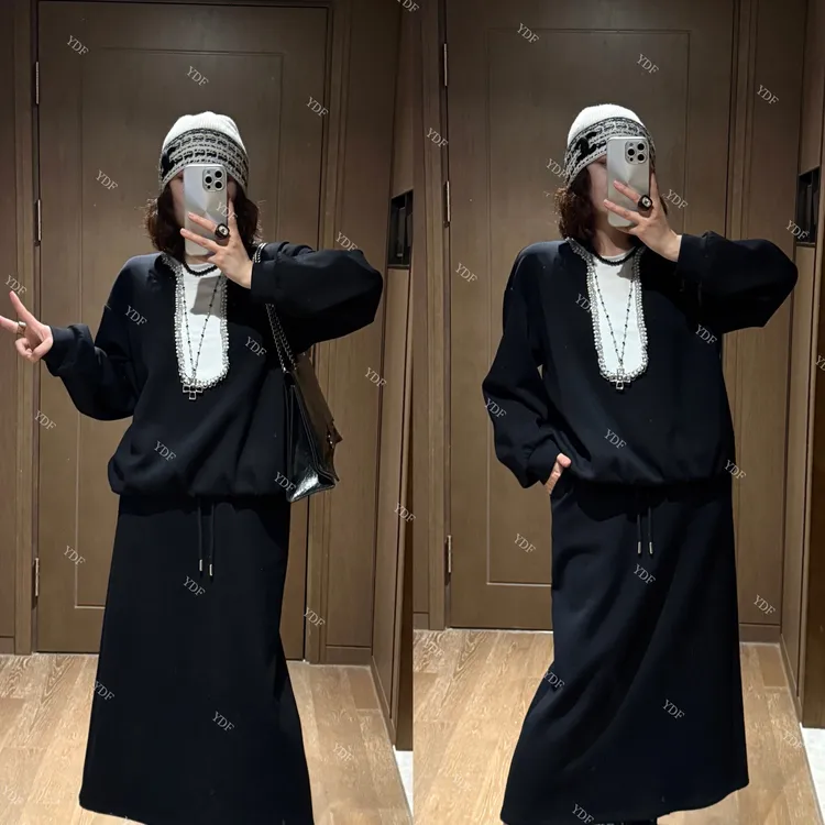 YDFSTUDIO小众【摇摆旋律】欧货钉珠拼接撞色设计上衣+半身裙套装