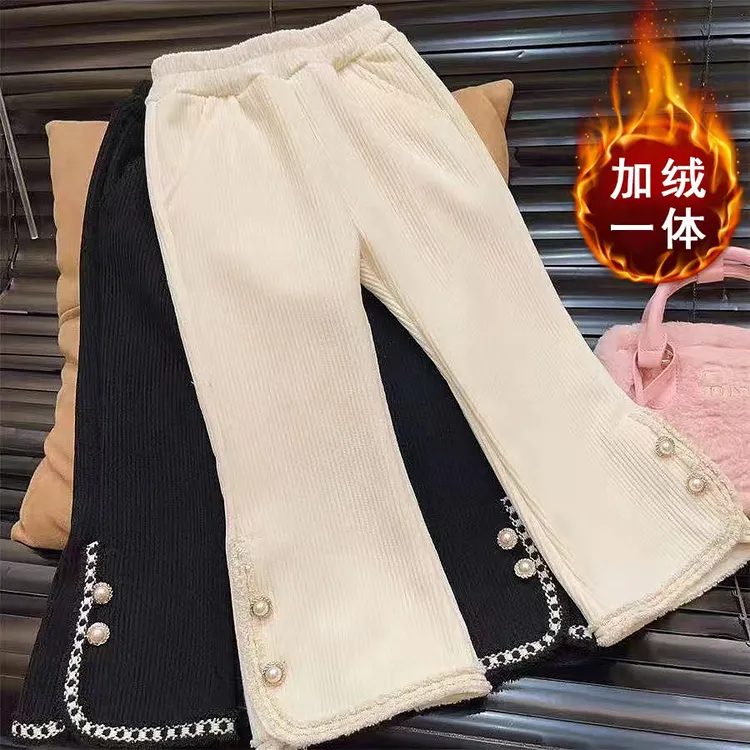 精品女童灯芯绒休闲裤秋冬宝宝加绒打底裤儿童微喇一体裤子中大童