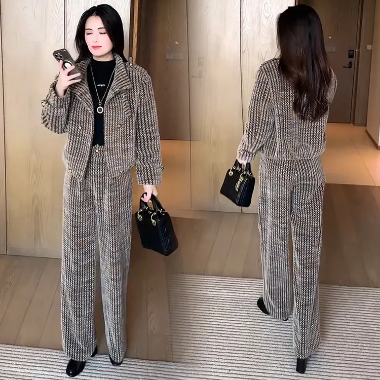 加厚时尚套装女2025秋季新款洋气显瘦小香风短外套阔腿裤两件套潮