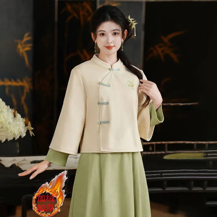 加绒双袖旗袍上衣新中式茶艺服两件套改良汉服国风裙冬季采耳服女