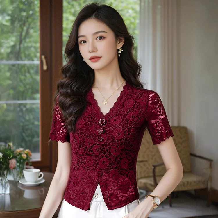 高档气质短袖上衣女2025夏季新款小个子短款收腰显瘦半袖蕾丝衫女