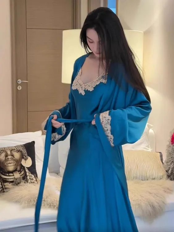 【DMXJ大梦想家】高级感纯欲蕾丝睡裙女夏季新款冰丝开衫家居服套装