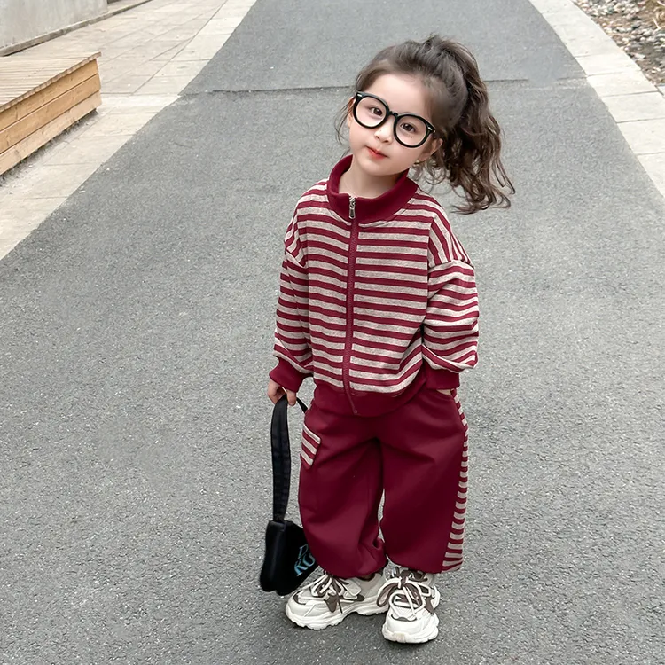 女童春秋条纹套装2025新款女宝宝休闲洋气运动时髦百搭两件套外穿