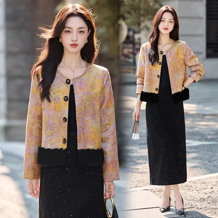 法式小香风花边拼接晕染外套女2025春秋新款名媛气质减龄短款上衣