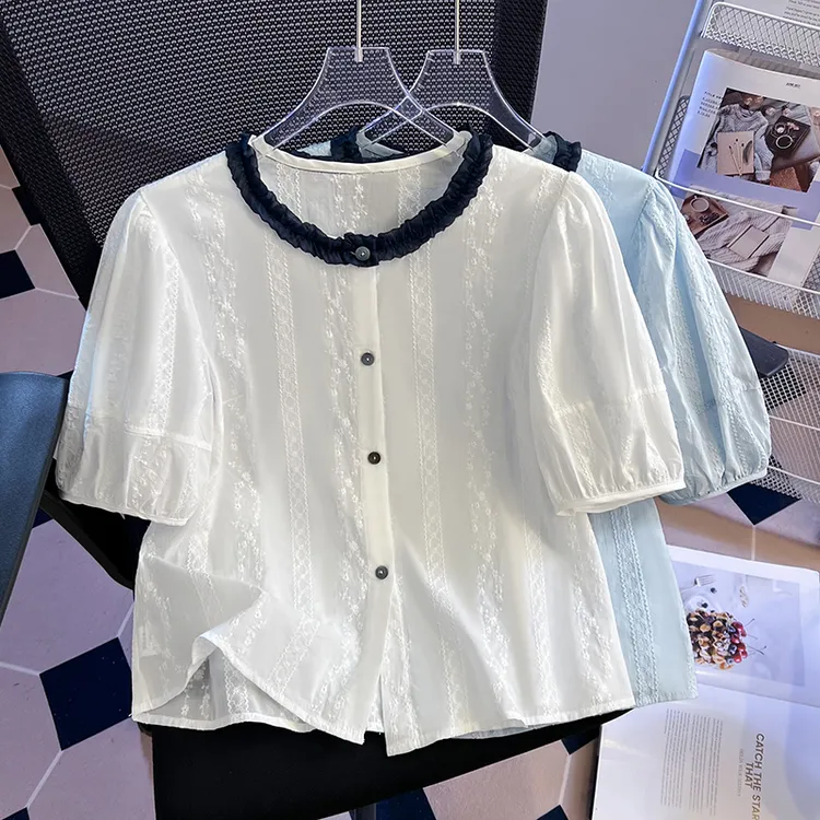 夏季新款撞色木耳边时尚圆领短袖衬衣泡泡袖钩花刺绣衬衫宽松上衣