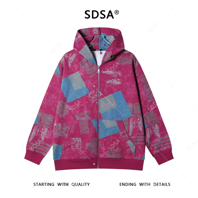 SDSA男士秋冬新款痞帅男装美式字母印花撞色拉链连帽卫衣百搭时尚