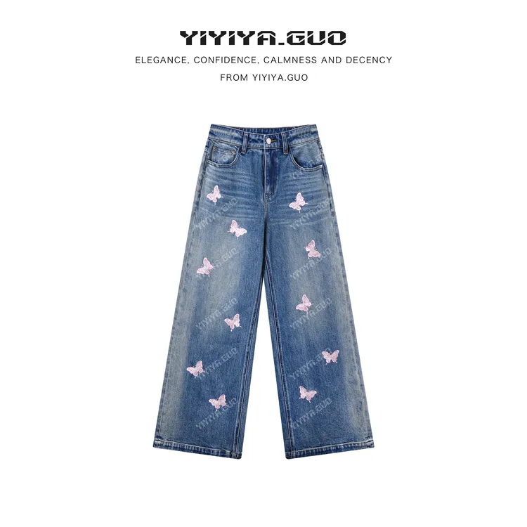yiyiya.Guo艺艺吖【彩蝶牛仔】早春常规腰刺绣直筒牛仔裤120297SS52