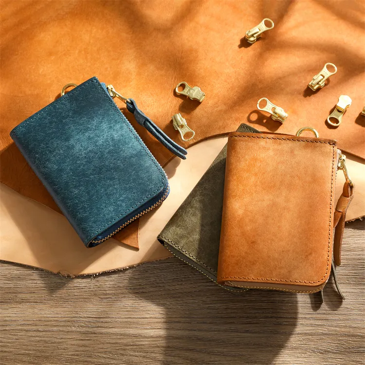 手工植鞣头层牛皮男士钱包真皮短款拉链钱夹横款皮夹驾驶证卡包