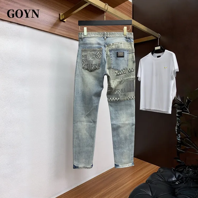 GOYN秋季潮牌男士弹力修身时尚拼接复古休闲男装透气百搭牛仔长裤