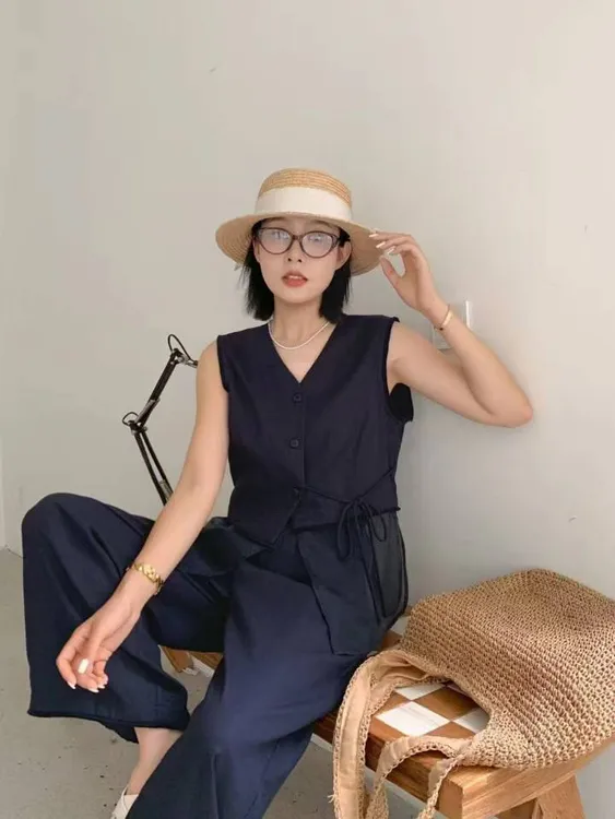 轻熟极简老钱风夏季短袖修身气质显瘦洋气套装无袖单层连衣裙