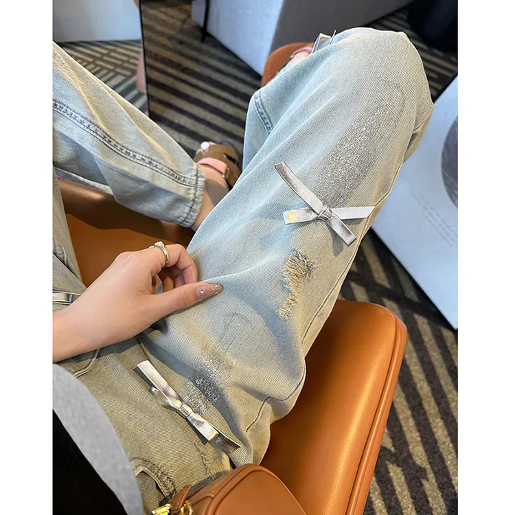 孕妇裤2025潮款时尚韩版显瘦牛仔裤春季复古烫金破洞蝴蝶结阔腿裤