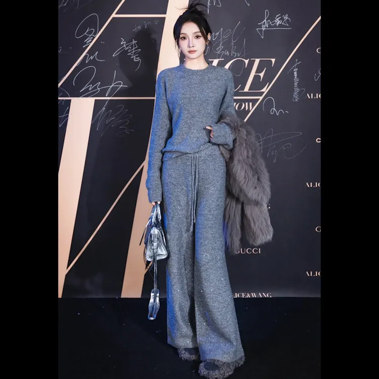 网红时尚流行运动套装秋冬季新款圆领纯色宽松圆领卫衣两件套女装