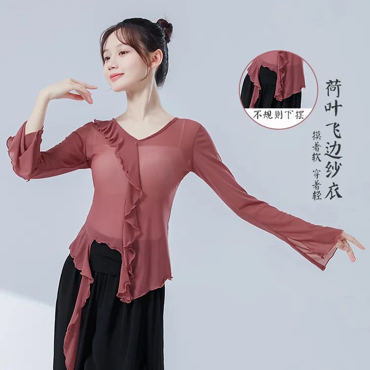 古典舞练功服女网纱舞蹈服长袖上衣荷叶边飘逸现代舞形体演出服