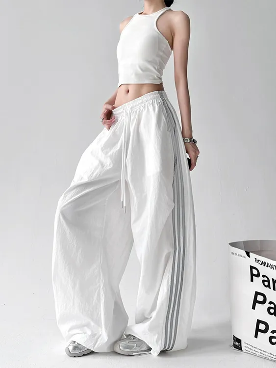 美式潮流三条杠白色工装裤女夏季2025新款运动爵士街舞休闲阔腿裤