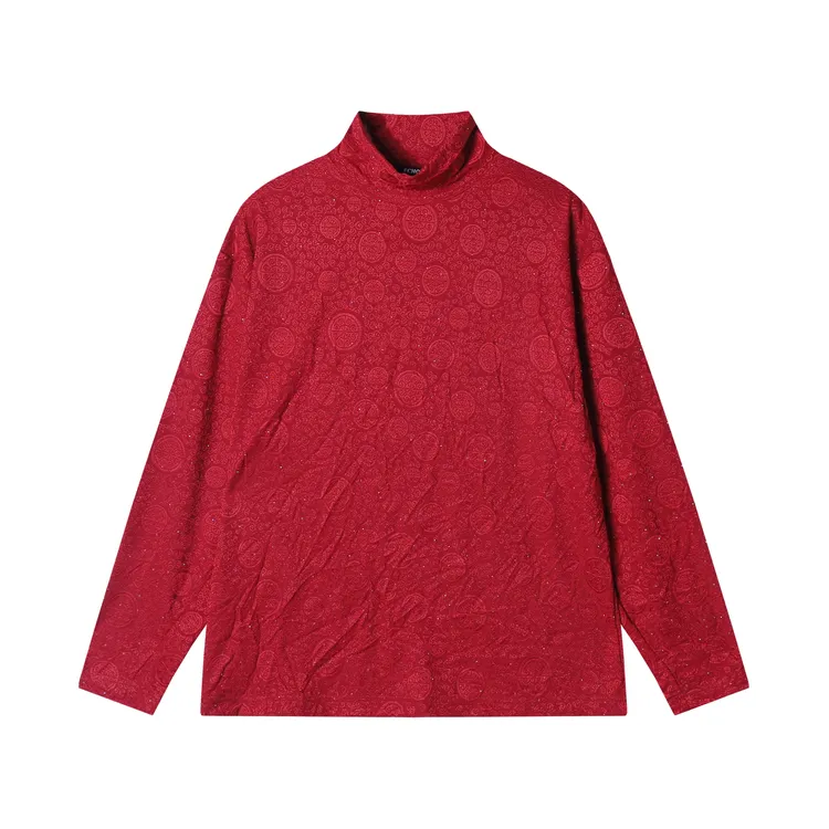 秋冬季新款时尚个性韩版提花烫钻半高领长袖T恤休闲百搭套头上衣