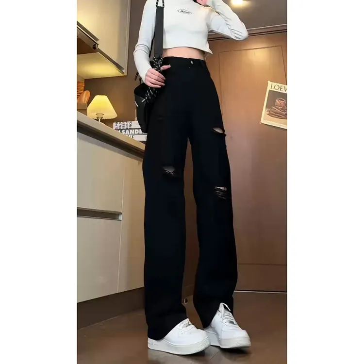 破洞水洗复古黑色牛仔裤男款秋季小众设计美式高街vibe风裤子直筒