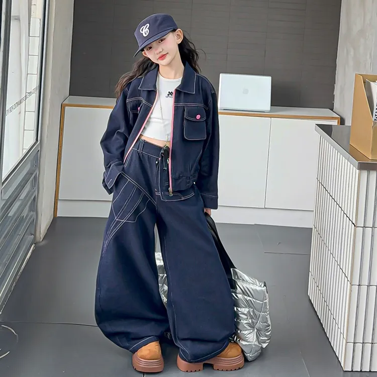 女童2025秋季新款时髦洋气潮酷中大童撞色牛仔套装弯刀裤两件套