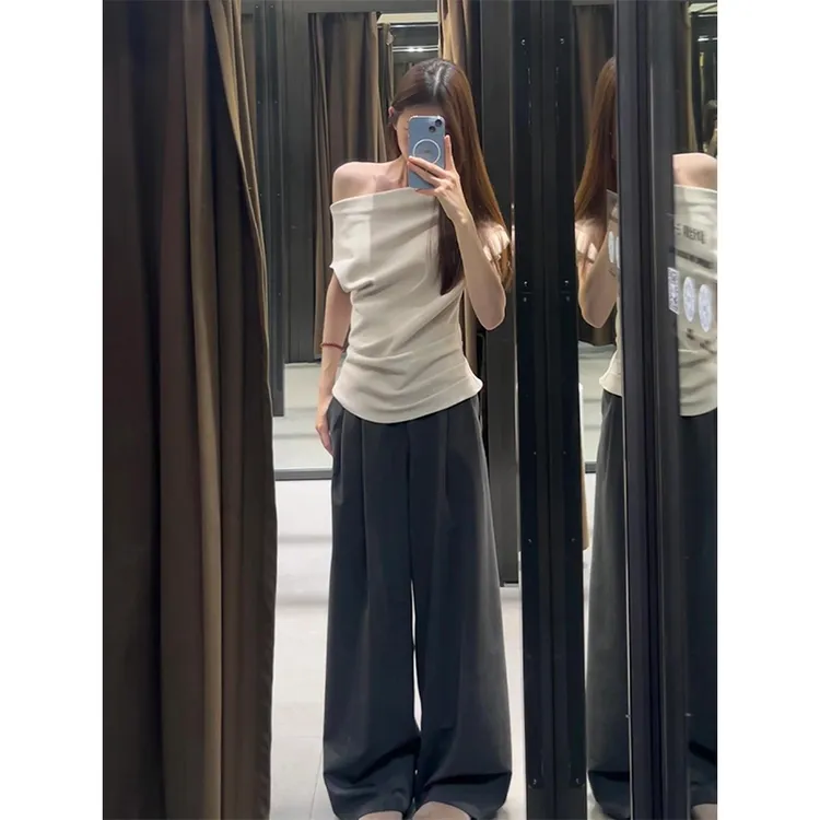 2025夏季款韩系通勤简约穿搭设计感斜肩短袖T恤高腰阔腿裤两件套