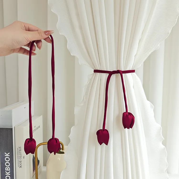 郁金香花朵窗帘绑带法式高级感玫瑰色捆绑绳可调节纱帘束带收纳扣