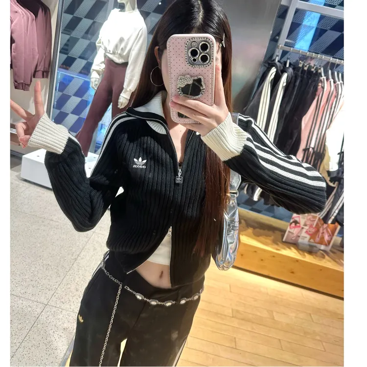 adidas三叶草TEAM FULLZIP全开襟运动修身针织衫KF0718