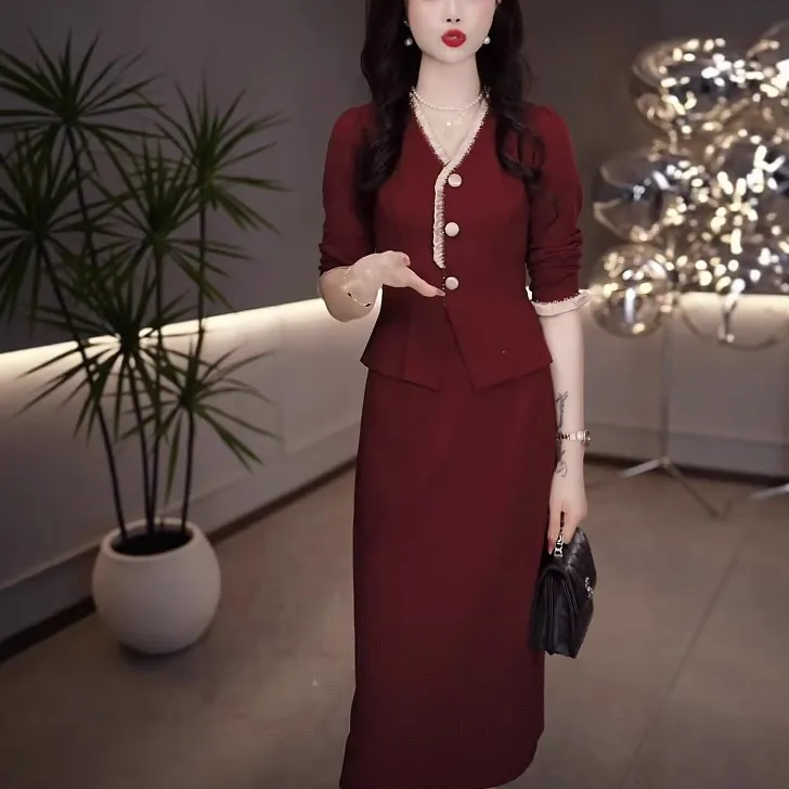 2025早秋新款时尚气质女士修身显瘦红色优雅假两件连衣裙M-4XL
