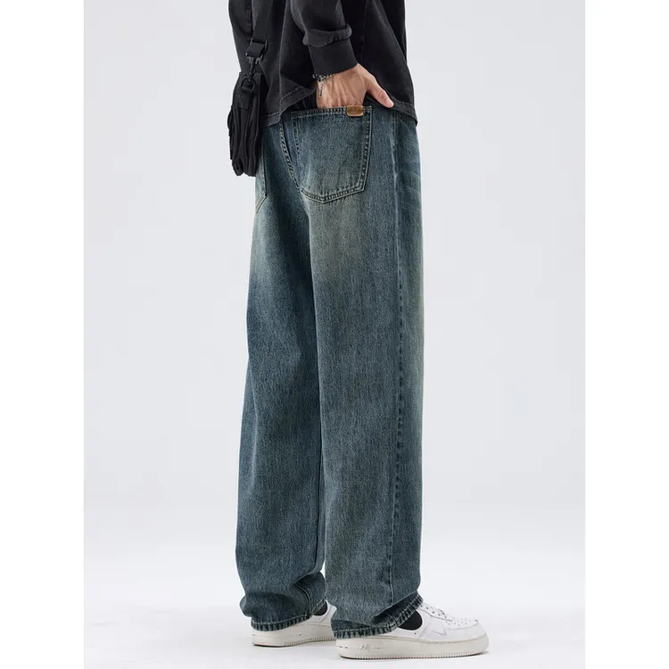 明格|美式复古潮牌宽松阔腿长裤男士高街潮流时尚休闲直筒牛仔裤