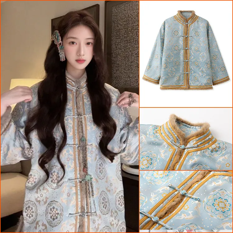 秋冬新款中式国风缎面刺绣提花上衣宽松气质高贵宋锦外套女