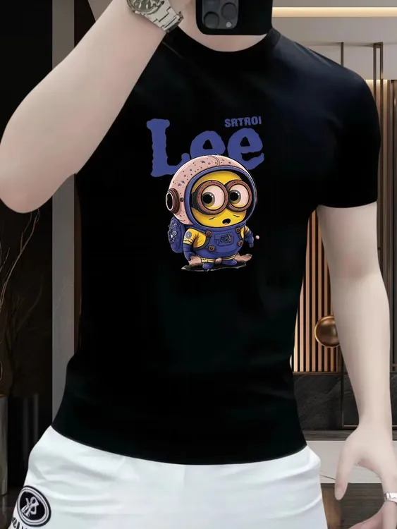 夏季新款修身弹性重磅T恤轻奢百搭男士圆领短袖透气大码印花上衣