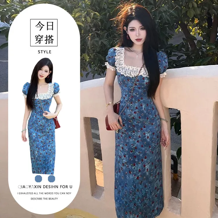 法式方领蕾丝碎花时尚洋气长款连衣裙2025夏季新款别致减龄长裙子
