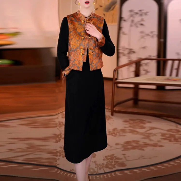 磨毛精纺新中式国风套装裙2025秋冬季新款加厚复古两件套连衣裙子