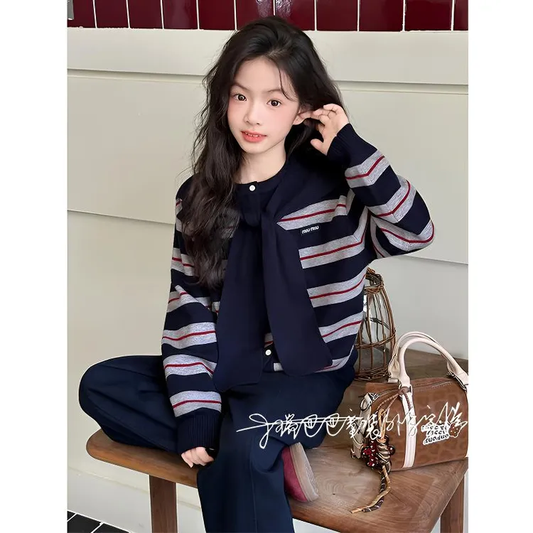 女童毛衣开衫春秋2025新款儿童洋气针织衫女大童秋季条纹针织外套