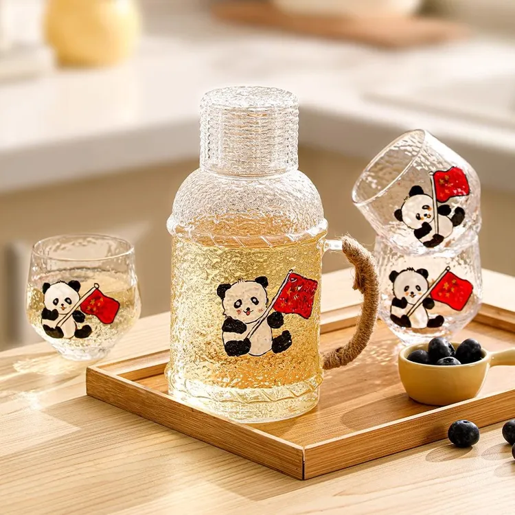 复古彩绘熊猫麻绳锤纹高硼玻璃凉水壶耐高温玻璃水杯冷水壶泡茶壶