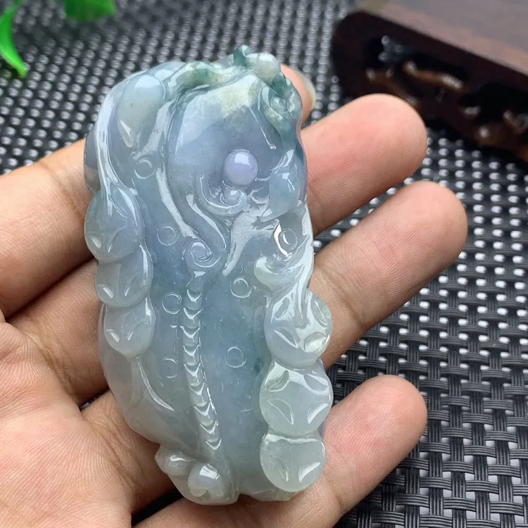 缅甸天然A货翡翠蓝紫色大貔貅手把件茶宠摆件精美冰润玉石精雕