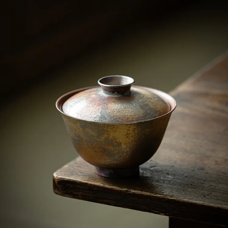 国潮新款窑变二才盖碗茶具日式粗陶泡茶碗复古家用茶道用具