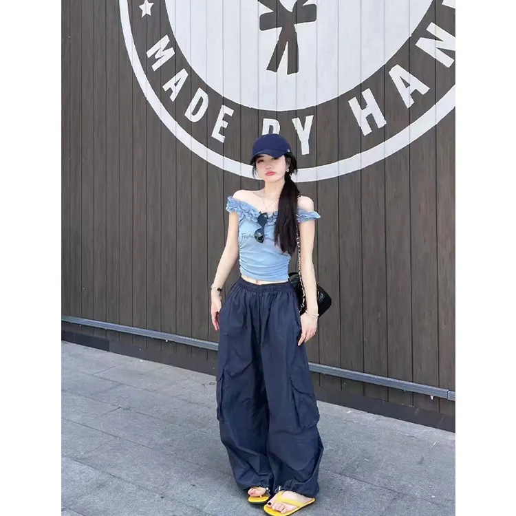 2025夏季新款辣妹字母印花甜美木耳边一字领T恤上衣工装裤