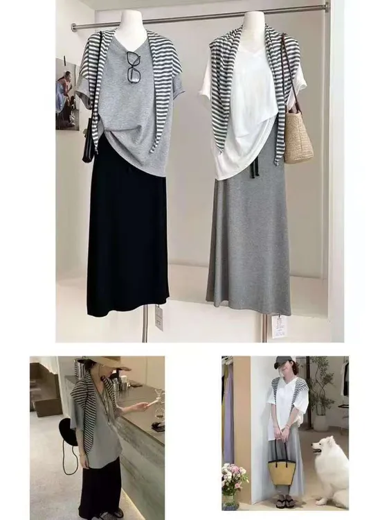 「小吴家」韩系慵懒风V领短袖T恤+条纹披肩+半身裙女夏季时尚三件套
