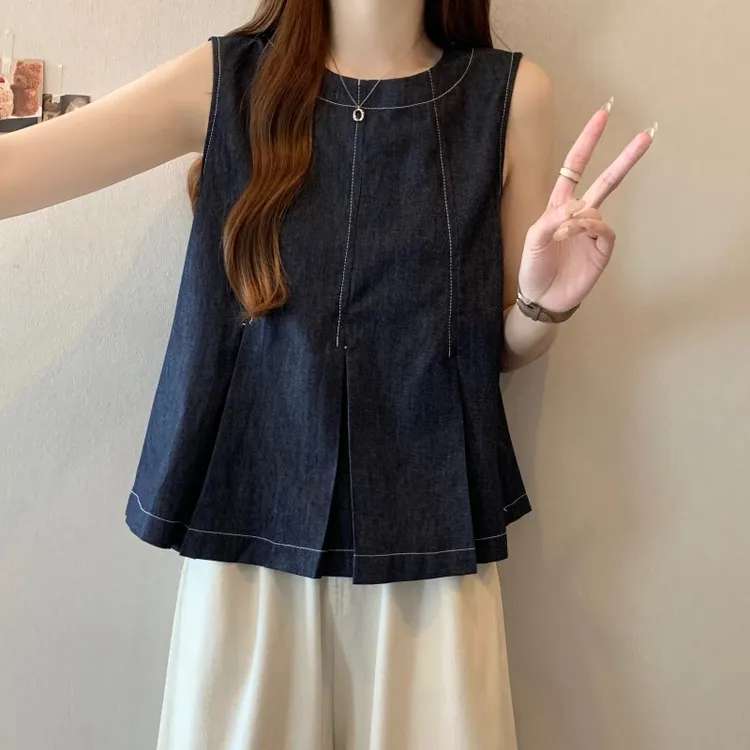 大码法式设计感牛仔无袖衬衫女夏季胖MM宽松显瘦百搭洋气小衫上衣