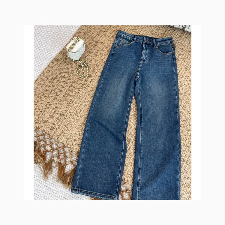 LNHJ【蓝调在线】时尚复古水洗高腰窄版直筒加绒牛仔裤