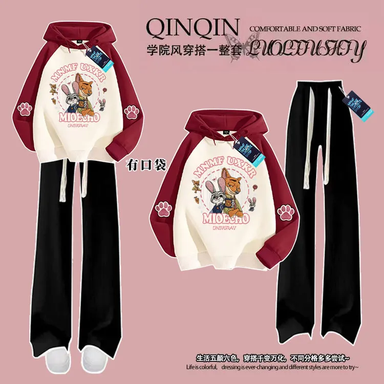 疯狂动物城女童红色连帽卫衣裤子套装春秋冬新款女大童保暖两件套